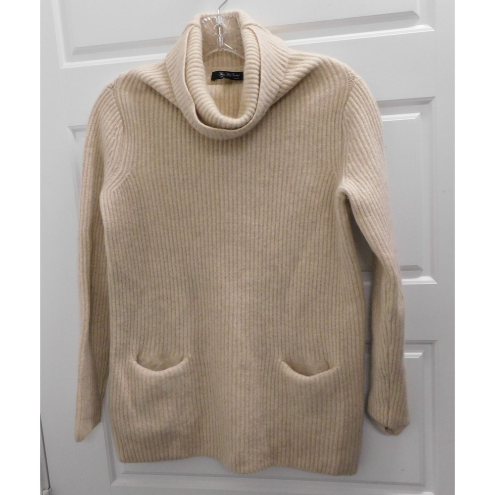 Saks Fifth‎ Avenue Sweater Beige Cashmere Turtle Neck Ribbed Knit w/pockets sz S